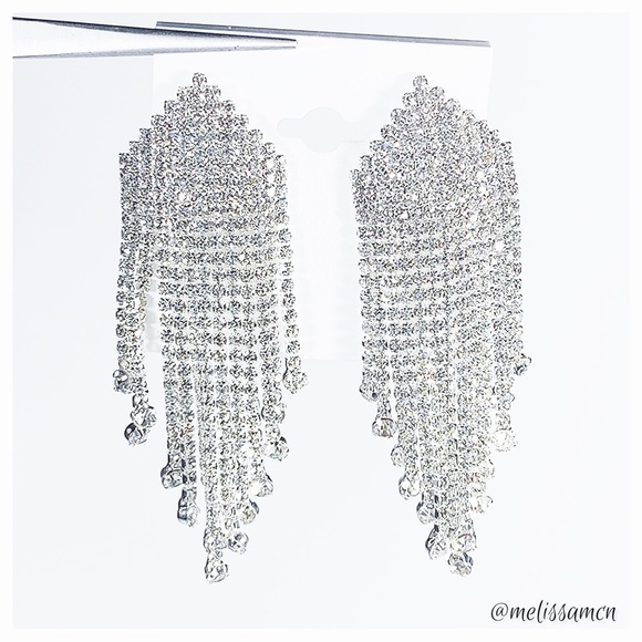Wide Rhinestone Fringe Clip Formal Statement Earrings - Picture 3 of 6
